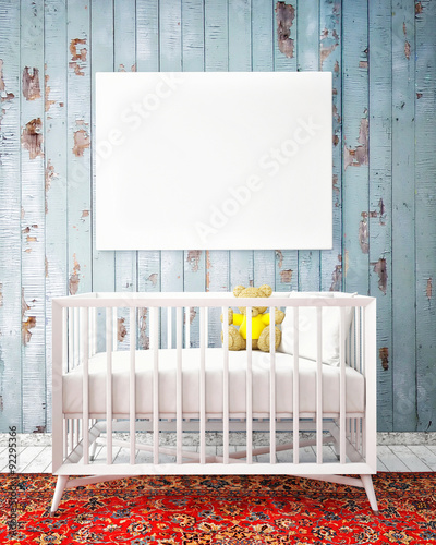 baby bed with mock up poster, hipster design, 3d illustration photo