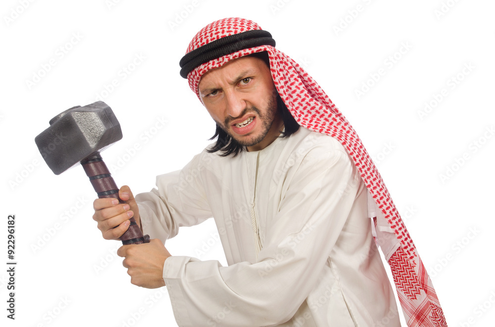 Angry arab man with hammer isolated on white Angry arab man with hammer isolated on white