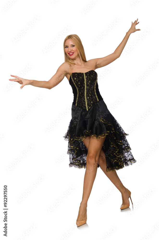 Blond hair girl in black evening dress isolated on white Blond hair girl in black evening dress isolated on white