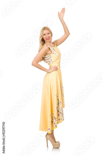 Blond girl in charming dress with flower prints isolated on
