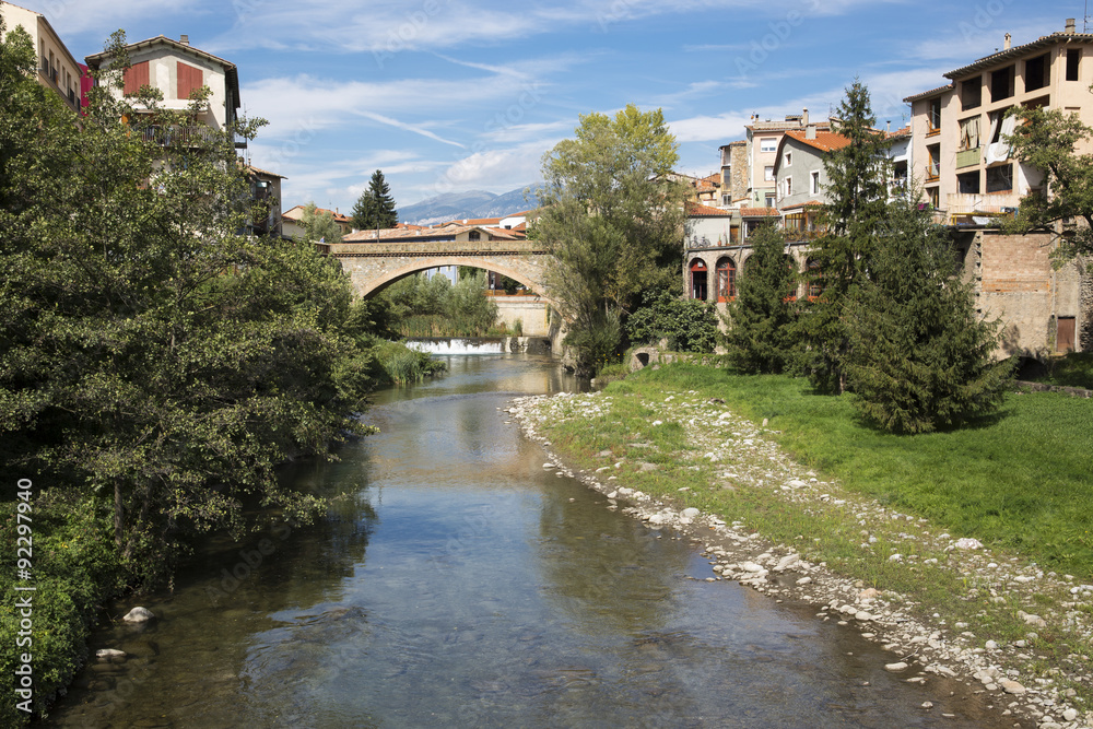 Landscape river bridge in the village of Ripoll, Catalonia, Spai