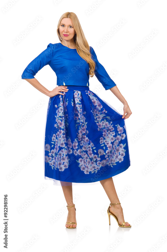Woman in blue dress with flower prints isolated on white Woman in blue dress with flower prints isolated on white