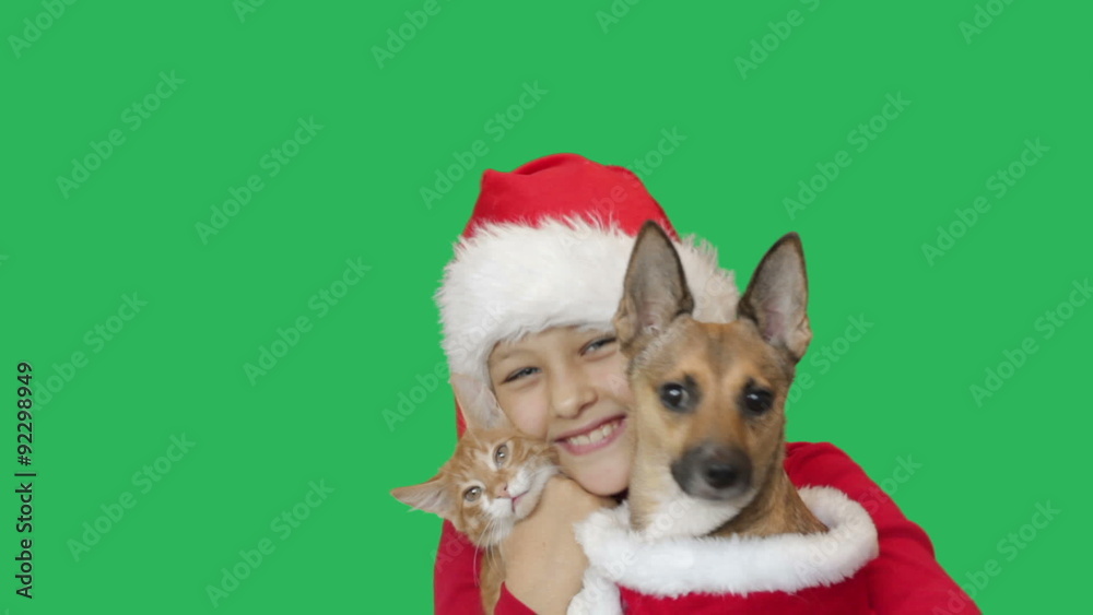 Girl and kitten and dog on green screen Girl and kitten and dog on green screen