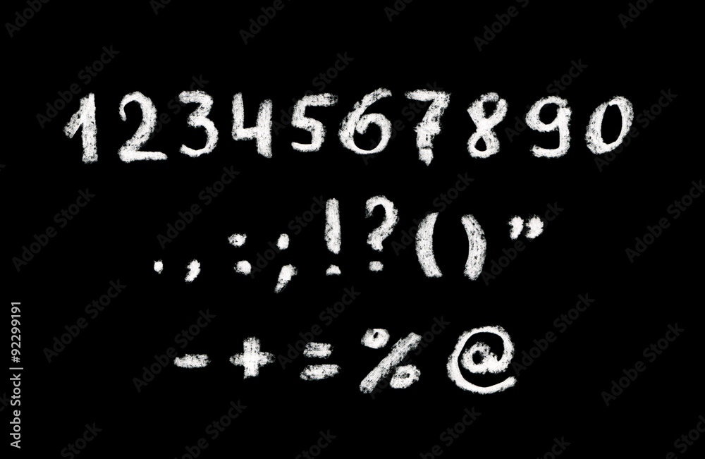 Chalk hand written numbers and punctuation marks on black board