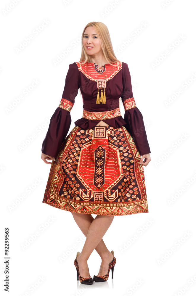 Woman in dress with oriental prints isolated on white Woman in dress with oriental prints isolated on white