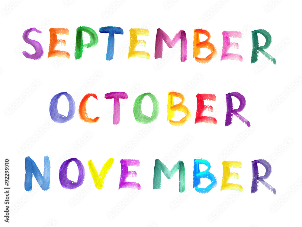 Watercolor painted multicolor calendar autumn months