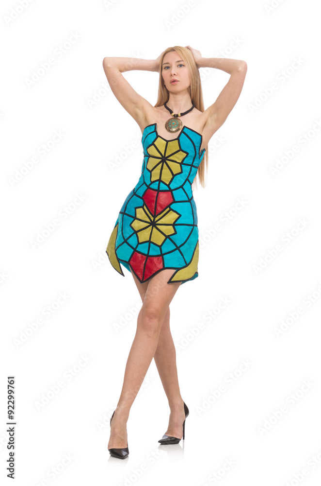 Woman in vivid strapless dress isolated on white Woman in vivid strapless dress isolated on white