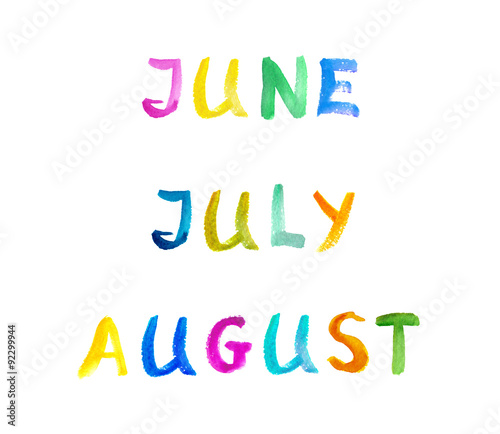 Watercolor painted multicolor calendar summer months