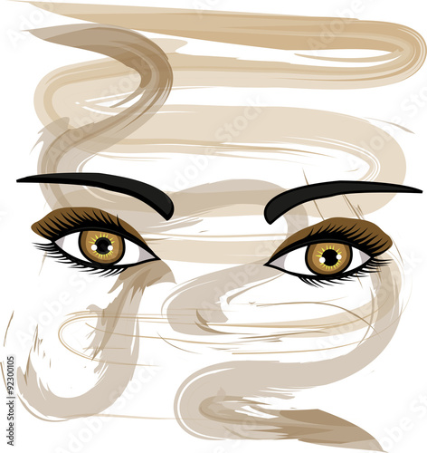 vector illustration of brown girl's eyes on a watercolor background on separate layers