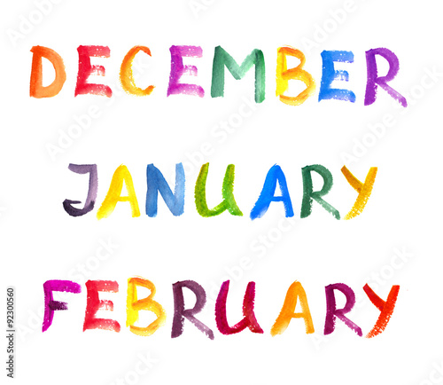 Watercolor painted multicolor calendar winter months