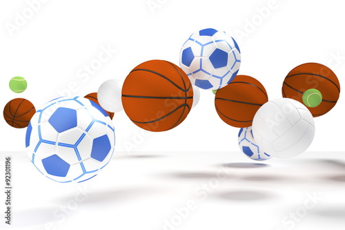 Levitation of the balls used in many kinds of sport in the white background.