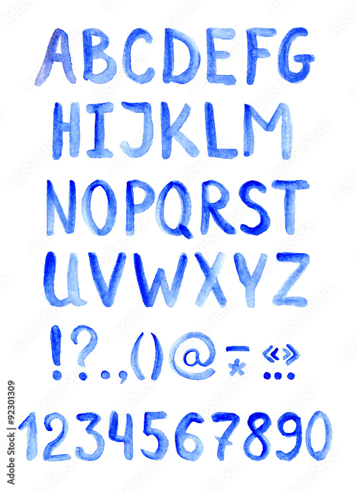 Blue alphabet font - letters, numbers and punctuation
