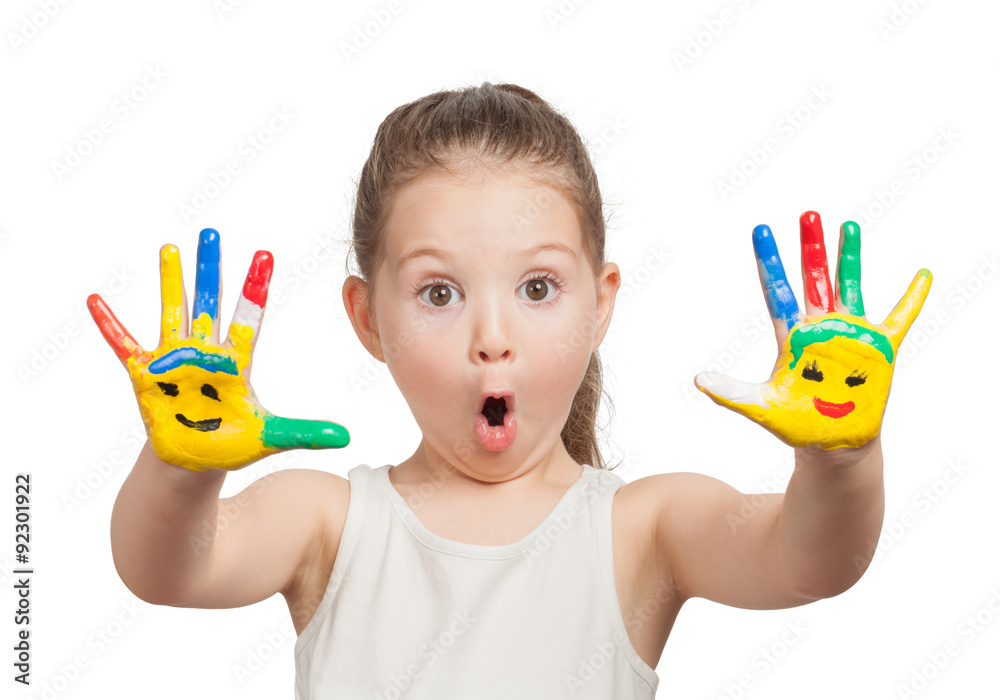 cute little girl with hands painted in colorful paints on white background cute little girl with hands painted in colorful paints on white background