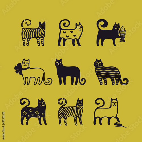 black silhouettes of cats. illustration of nine different funny cats on a mus...