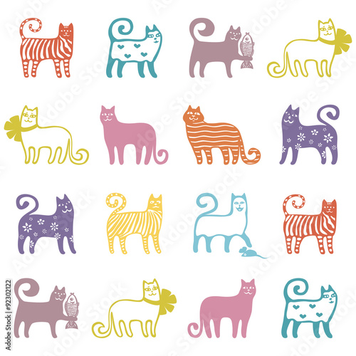 cute colorful kittens on a white background. seamless vector pattern