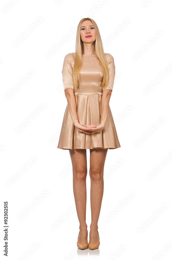 Pretty girl in satin mini dress isolated on white Pretty girl in satin mini dress isolated on white
