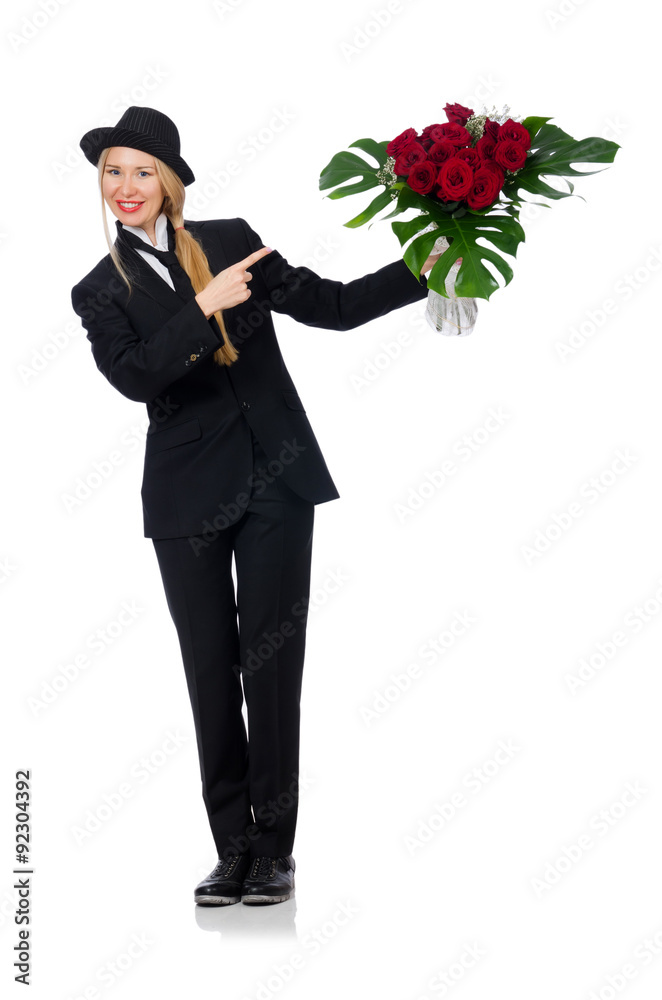 Woman with bunch of roses isolated on white Woman with bunch of roses isolated on white