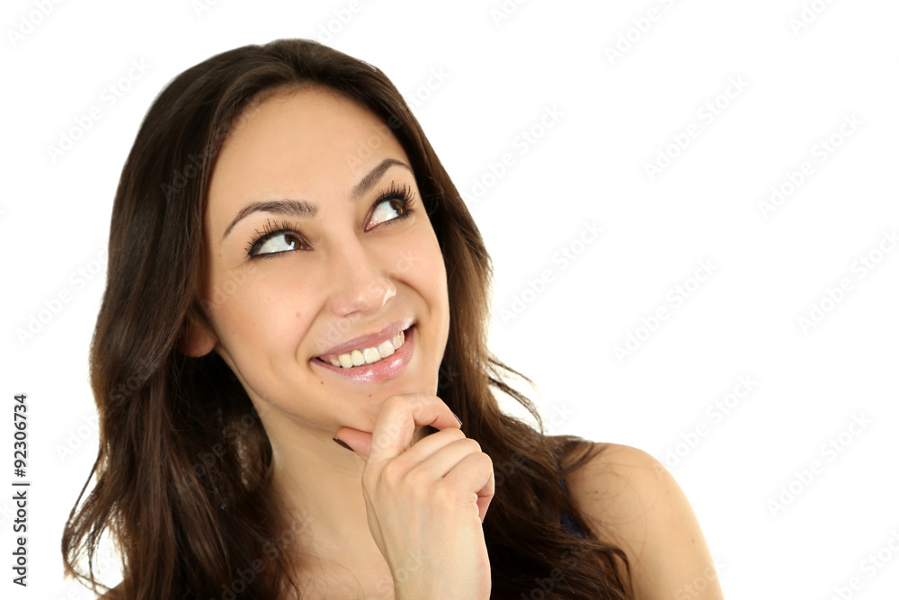 Young beautiful brunette woman on white background Young beautiful brunette woman on white background