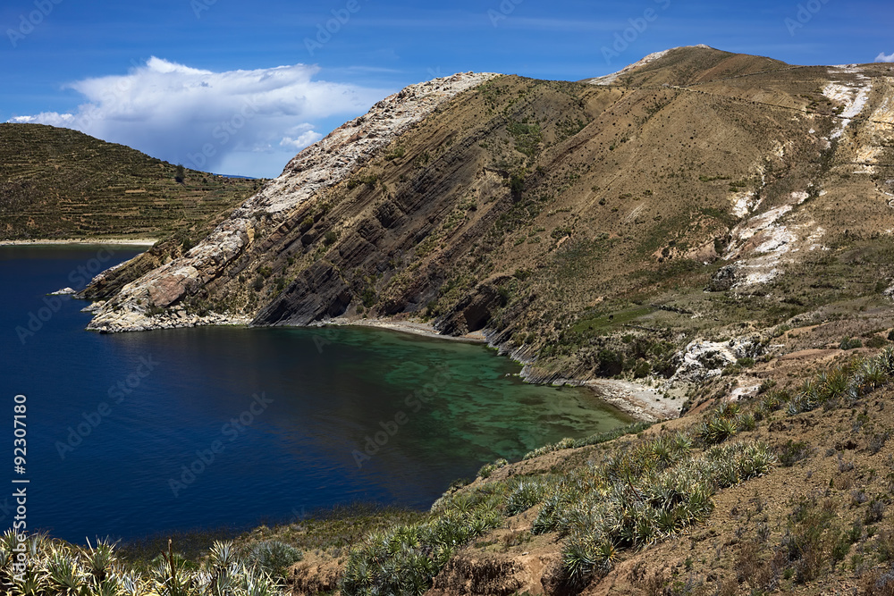 The bay of Sabacera on the northern part of the Isla del Sol (Island of the Sun), a popular travel destination in Lake Titicaca in Bolivia