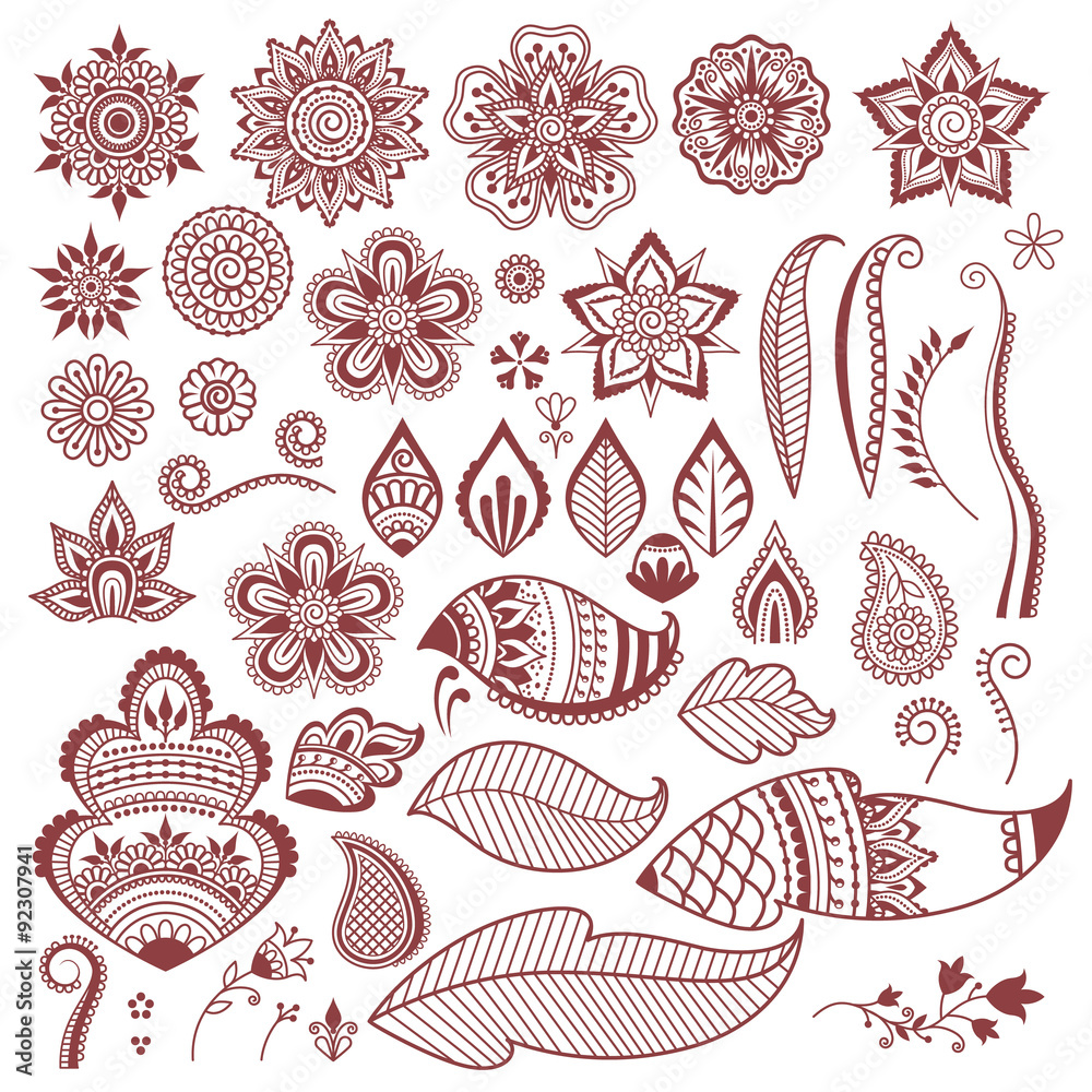 Mehndi henna tattoo flowers and leaves.