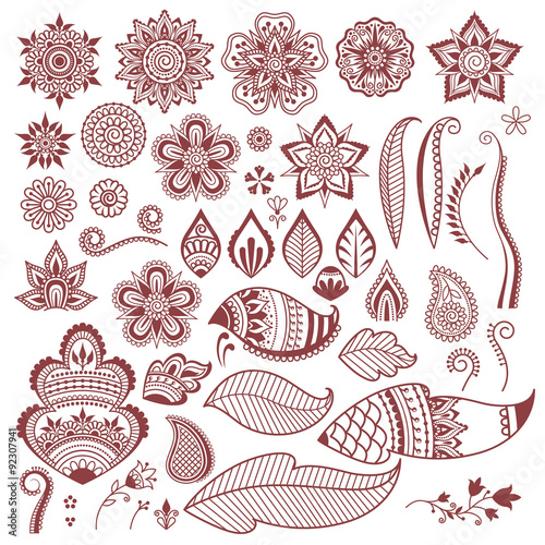 Mehndi henna tattoo flowers and leaves.