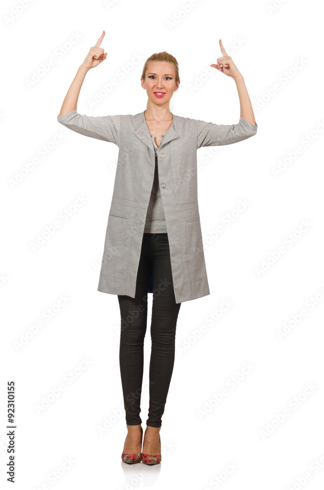Pretty woman in gray blouse isolated on white Pretty woman in gray blouse isolated on white