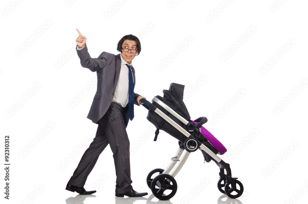 Funny dad with baby and pram on white StockFoto Adobe Stock