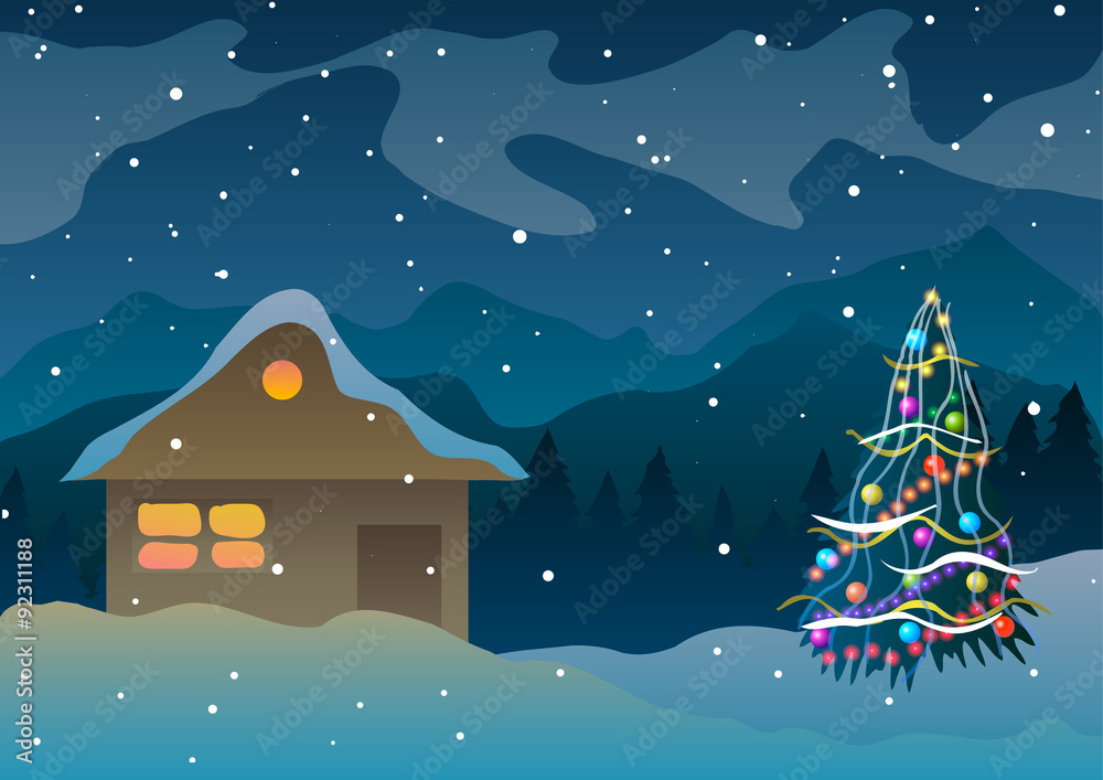 Vector illustration. House in the snow and mountains near a Christmas tree. Vector illustration. House in the snow and mountains near a Christmas tree.