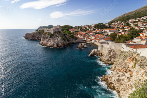Scenic view of Fort Lovrijenac (St. Lawrence Fortress), city of Dubrovnik and the city walls from the city walls in Croatia.