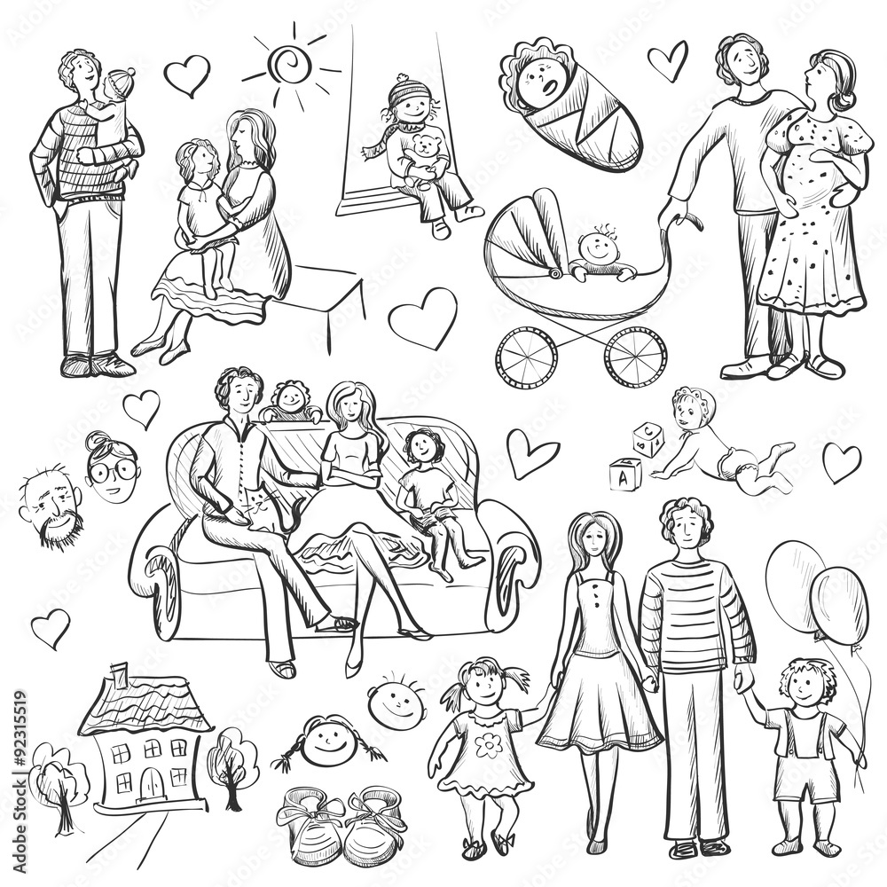 Hand drawn set with happy families