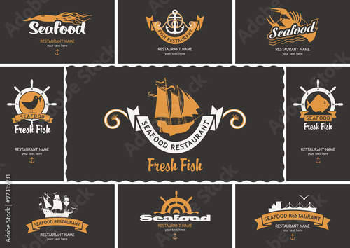 set of business cards with logos on the theme of seafood
