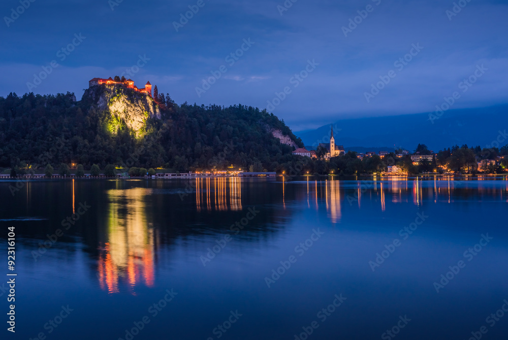 Bled Castle at Bled Lake in Slovenia at Night
