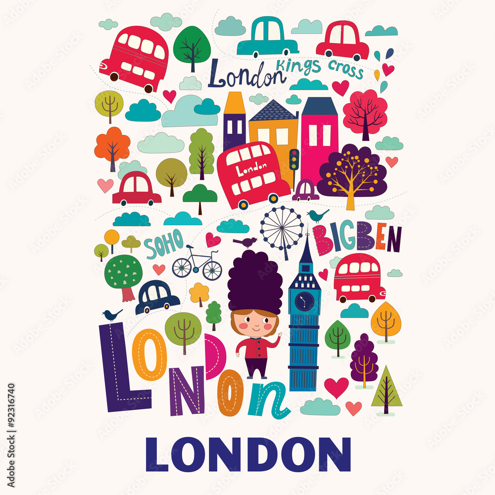 Plakat Wektorowy kolorowy wzór z symbolami Londyn