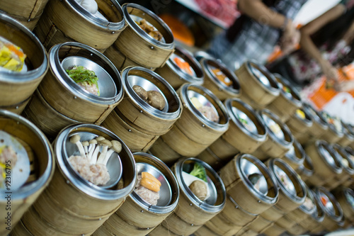 Varies of ingredients of thai street food in bamboo baskets