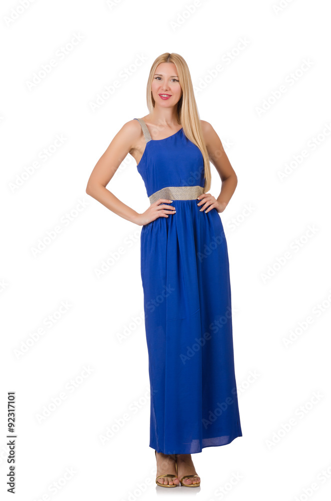 Beautiful woman in long blue dress isolated on white