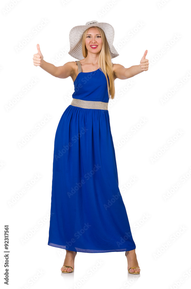 Beautiful woman in long blue dress isolated on white Beautiful woman in long blue dress isolated on white