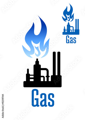 Gas processing factory icon with blue flame