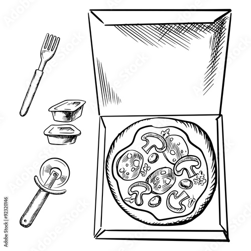 Pizza box, sauce cups, fork and cutter sketch