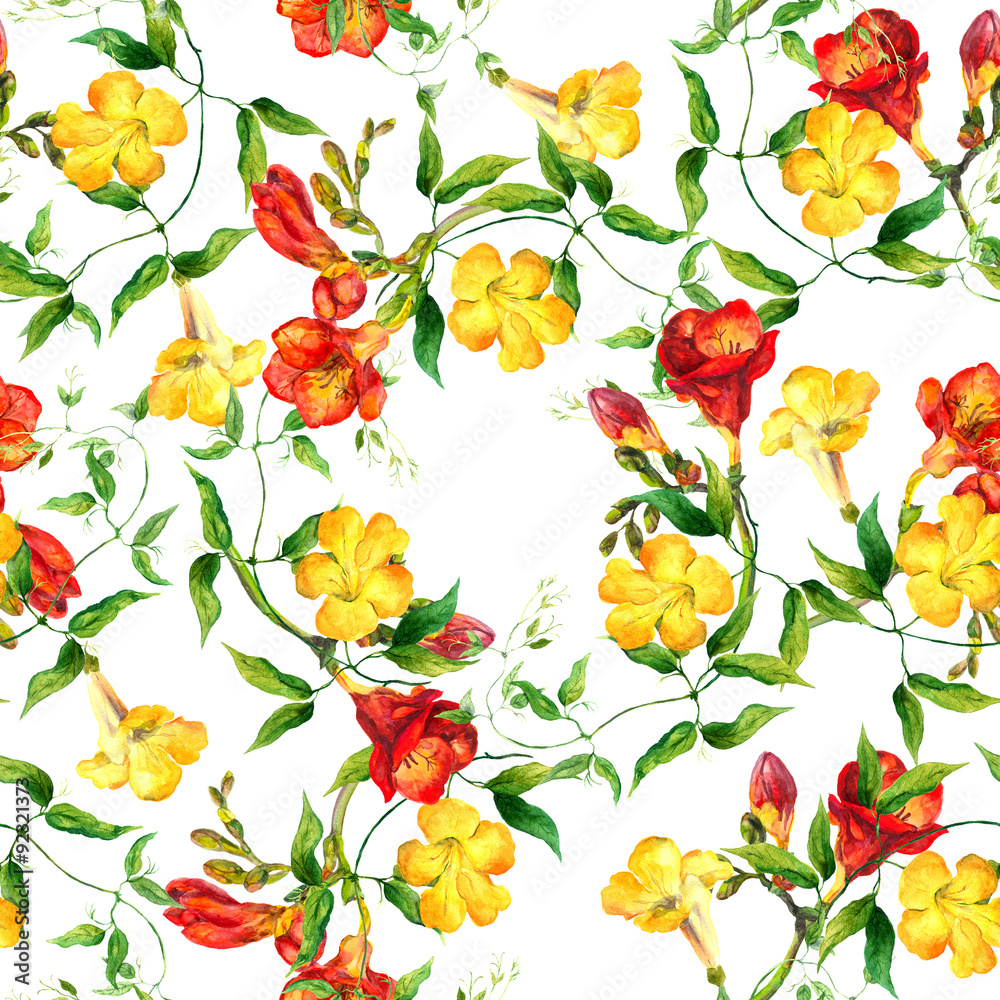 Yellow and red flowers pattern watercolor. Freesia, bindweed Yellow and red flowers pattern watercolor. Freesia, bindweed