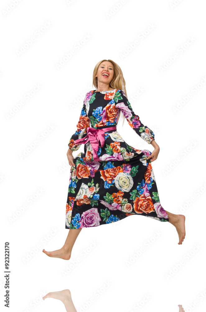 Girl in long flower dress isolated on white Girl in long flower dress isolated on white