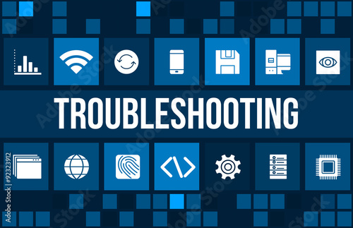 Troubleshooting concept image with technology icons and copyspace