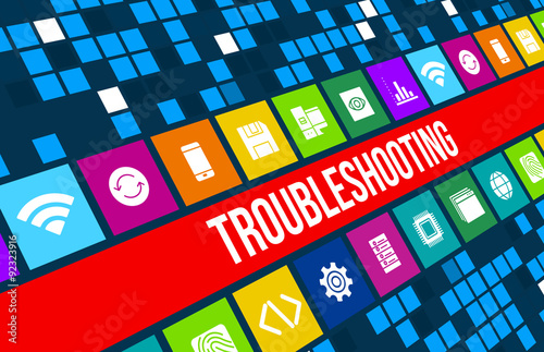 Troubleshooting concept image with technology icons and copyspace