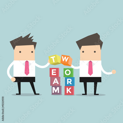 Two businessman is building Teamwork cubic box puzzle, vector