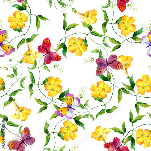 Yellow flower and butterfly. Seamless floral print. Watercolour © zzorik