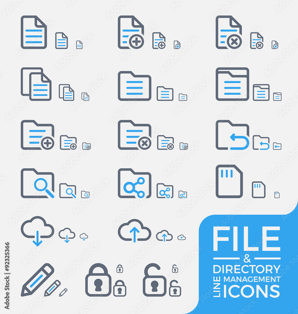 Set of Responsive File and Directory Management Thick and Thin Line Icons Design. Three Size Modern Line icons and Symbols for mobile application, web interface. Vector illustration Set of Responsive File and Directory Management Thick and Thin Line Icons Design. Three Size Modern Line icons and Symbols for mobile application, web interface. Vector illustration