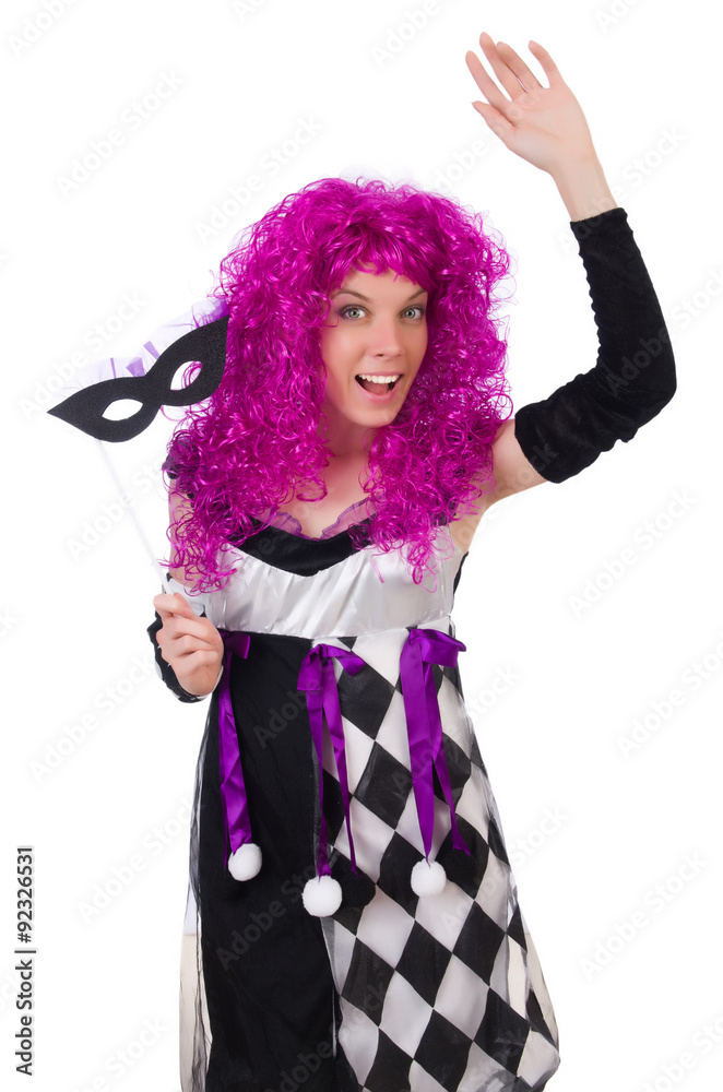 Pretty girl in jester costume isolated on white Pretty girl in jester costume isolated on white