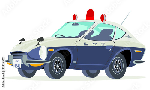 Caricatura Datsun 240Z policía japonesa vista frontal y lateral