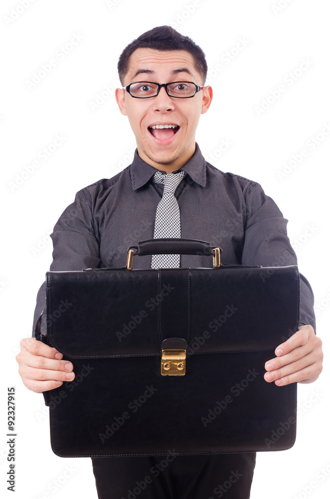 Young man holding briefcase isolated on white Young man holding briefcase isolated on white
