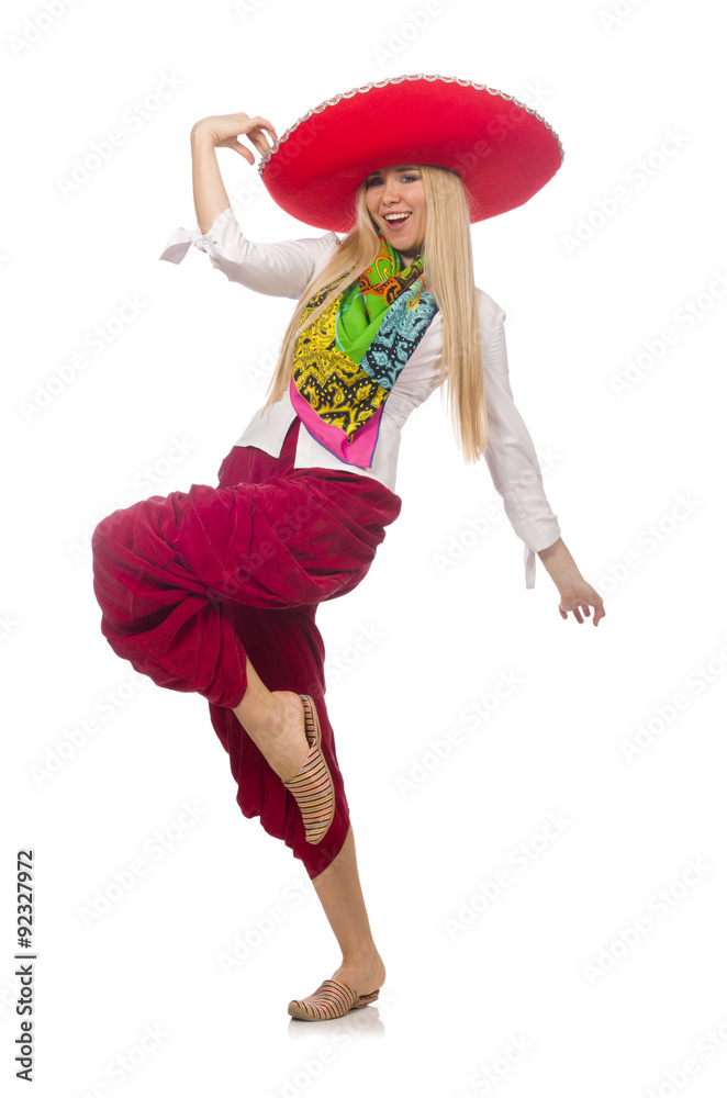 Mexican girl with sombrero dancing on white Mexican girl with sombrero dancing on white