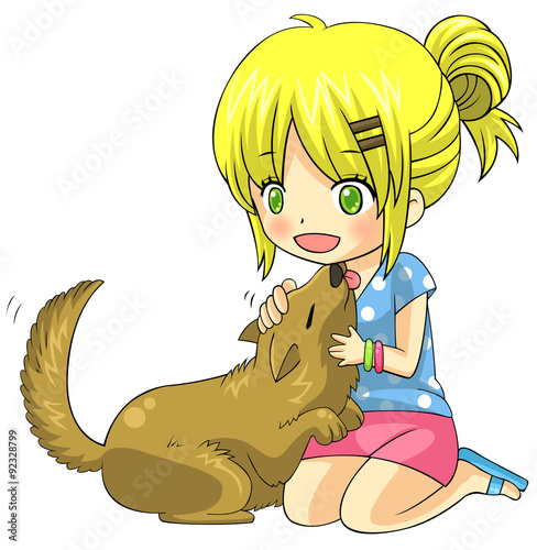 Cute cartoon girl is playing and cuddling with her tame pet dog in isolated background, create by vector